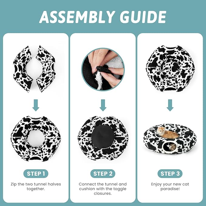 Cat Tunnel Bed for Indoor Cats - Cute Cat Donut Tunnel with Washable Circle Cushion, Round Pet Play Tunnel Toy for Kitten/Puppy/Rabbit,Black&White