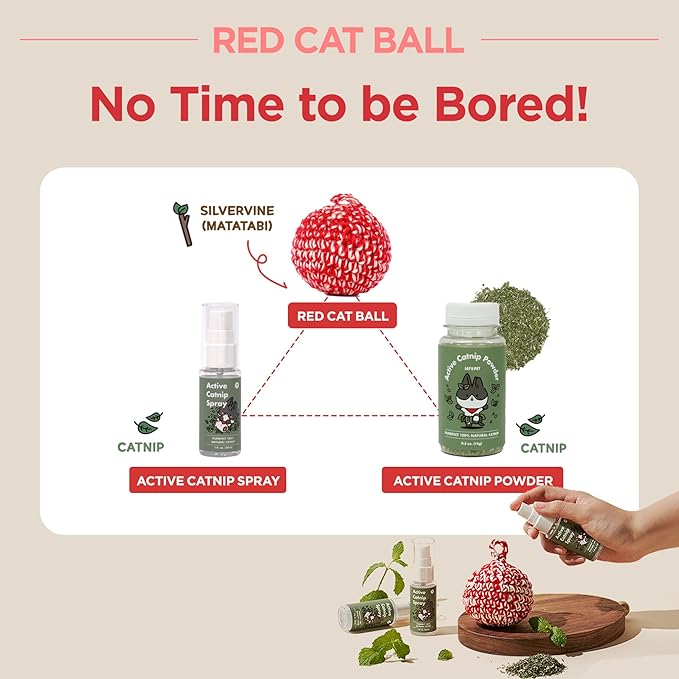 JAYU PET Red Cat Ball - Catnip Inside Cat Toy, Handmade Silvervine Ball Toys, Cat Toys for Indoor Cats, Interactive Matatabi Cat Ball Toy, Feline Kitten Toys, Cat Gifts (2.7 inch)