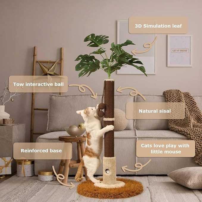 Cat Scratching Posts Cat Trees 35.43" Tall with Sisal Rope Cat Toy and Hanging Ball for Indoor,Wooden Palm Tree Cat Scratch Pole for All Cat (Brown)