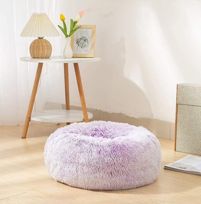 Calming Donut Dog Bed Small, Plush Round Cuddler Dog & Cat Bed, Anit-Anxiety Marshmellow Fluffy Faux Fur Cushion(20", Purple)