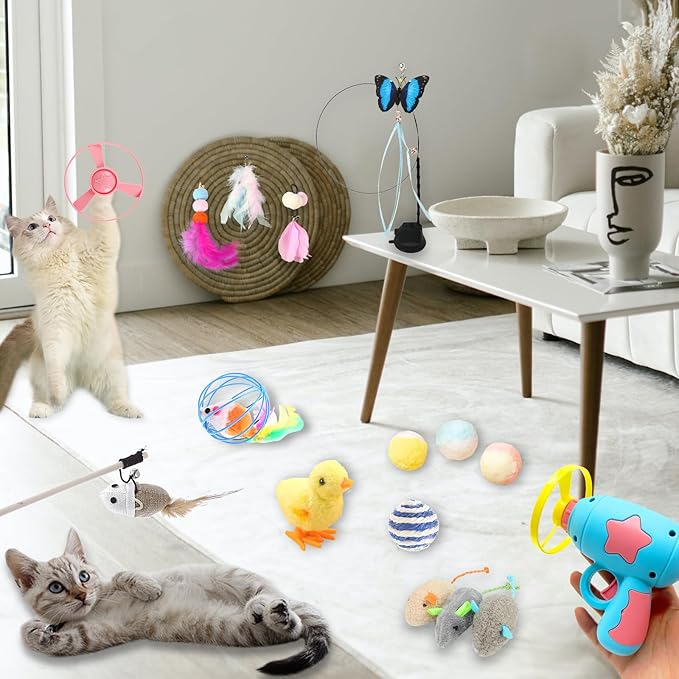 Cat Toy Set, 23 Pcs Deluxe Gift Set - Includes Launcher, Standing & Hand-held Wand, Balls, Silent Toys - Entertain & Engage Your Cat