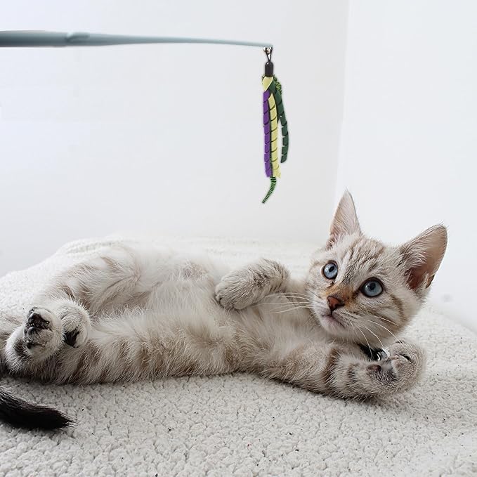 IUHKBH Cat Wands, 2 PCS Interactive Cat Teaser Wand Cat Worm Toys with Ribbon and Bell Pretty Cat Stick Toys for Cats Kittens