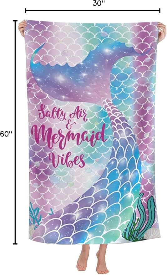 Mermaid Microfiber Beach Towels for Girls/Kids Personalized Beach Towels for Toddler/Baby, Cute Beach Towel, Thin Quick Dry Pool Towel 30"x 60"