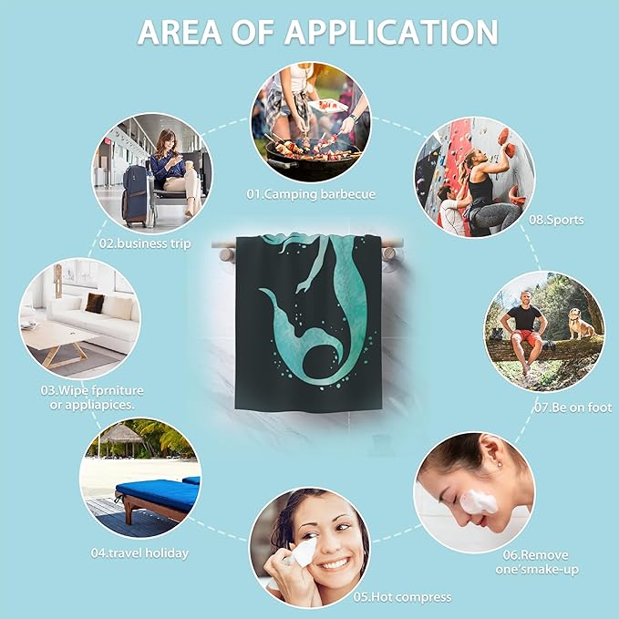 Green Mermaid Hand Towels Set of 2, Summer Sea Fish Underwater Marine Fingertip Towel, Polyester Cotton Soft Bath for Bathroom Kitchen Hotel Spa, 14"X28"