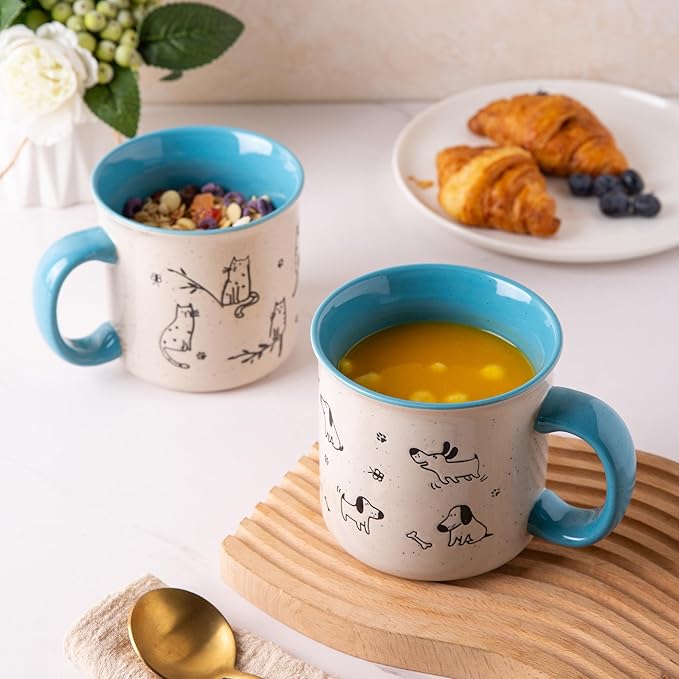 AmorArc 22 OZ Large Ceramic Coffee Mugs Set of 2, Oversized Mugs With Big Handle for Men Women Dad Mom, Big Mug With Textured Dogs Cats Patterns for Office & Home -Microwave Safe, 2 Pcs-Blue
