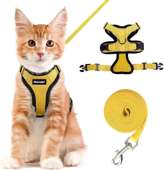 Dooradar Cat Harness and Leash Set, Escape Proof Safe Adjustable Kitten Vest Harnesses for Walking, Easy Control Soft Breathable Mesh Jacket with Reflective Strips for Cats, Yellow, XXS