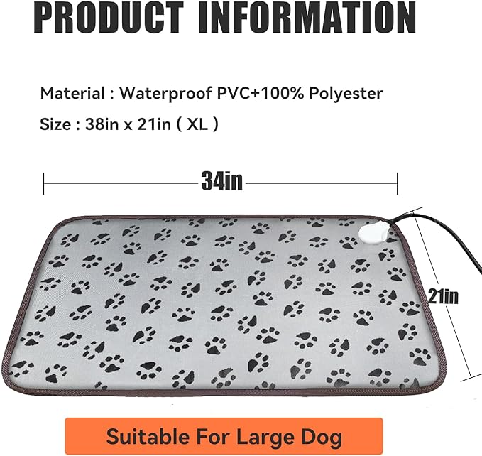 Large Dog Cat Heating Pad 34" x 21" Waterproof Pet Heated Dog Bed with Intelligent Constant Temperature Switch Add Chewy Resistant Steel Wire Rope,Dog Heating pad