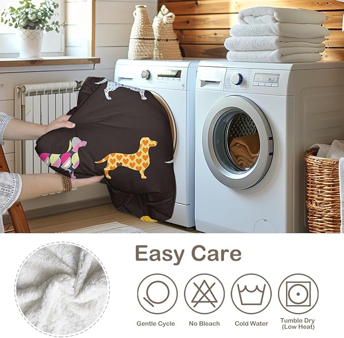 Sleepwish Colorful Dachshund Fleece Throw Blanket for Couch Chair Fuzzy Black Cartoon Puppy Sherpa Blanket Gifts for Women Kids, Queen(90" X 90")