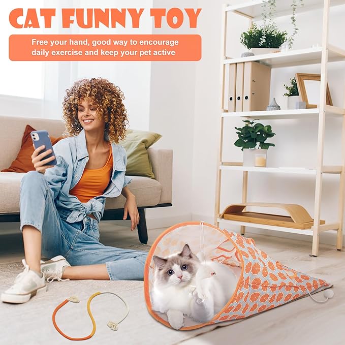 Cat Tunnel Toy and Cats Catnip Rope Toys, Portable Collapsible Cattycoil Drill Bag Toy for Indoor Cats, Cotton Rope Cat Toys for Indoor Cats, Handmade Pet Chew Toys for Teeth Cleaning