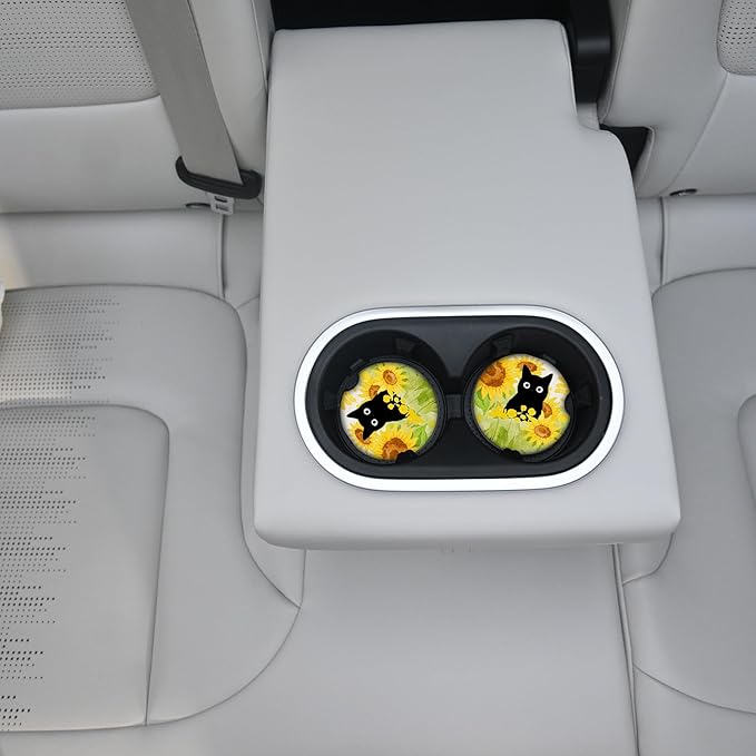 Car Coasters for Cup Holders,Sunflowers and Cat Cute Car Assecories for Women,2 Pack Cup Holder Coasters for Car, Anti Slip Rubber Car Cup Mat with A Finger Notch 2.75"