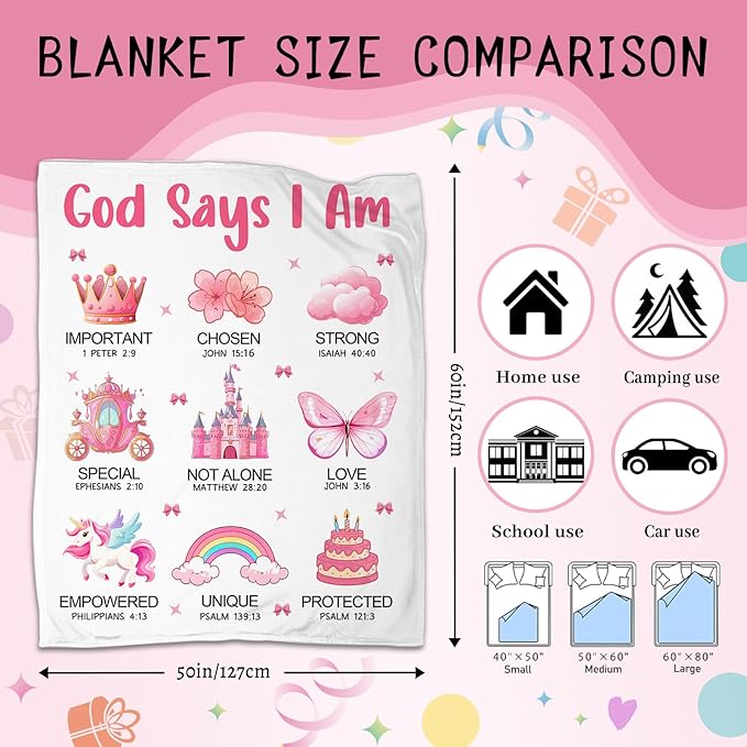 CIUGOIG Christian Gifts for Girl, God Says I Am Princess Blanket 50"x60", Inspirational Religious Birthday Gifts for Princess Lover Bible Verse Blanket, Princess Gifts, Christian Princess Gifts