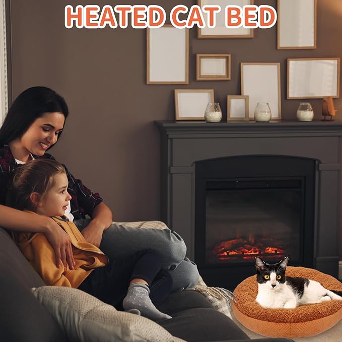 Heated Cat Beds for Indoor Cats Warming Cat Beds Super Soft Machine Washable Thermo Kitty Electric Heating Bed 19 Inches Round