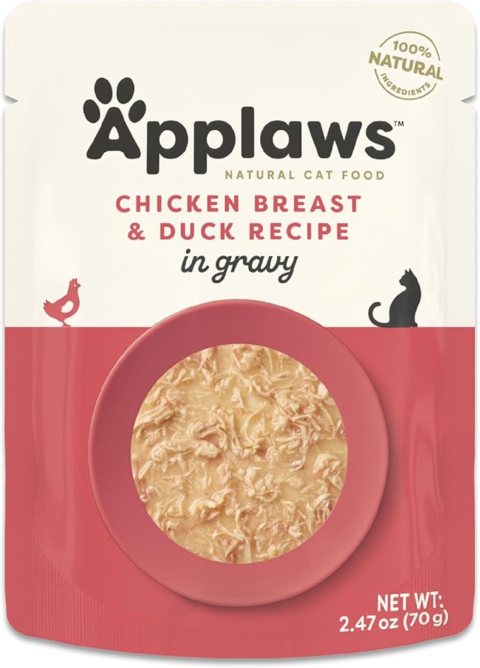 Applaws Natural Wet Cat Food in Gravy, Limited Ingredient Wet Cat Food Pouches, No Additives, Made with Natural Ingredients, Chicken Breast & Duck in Gravy (12 x 2.47oz Pouches)