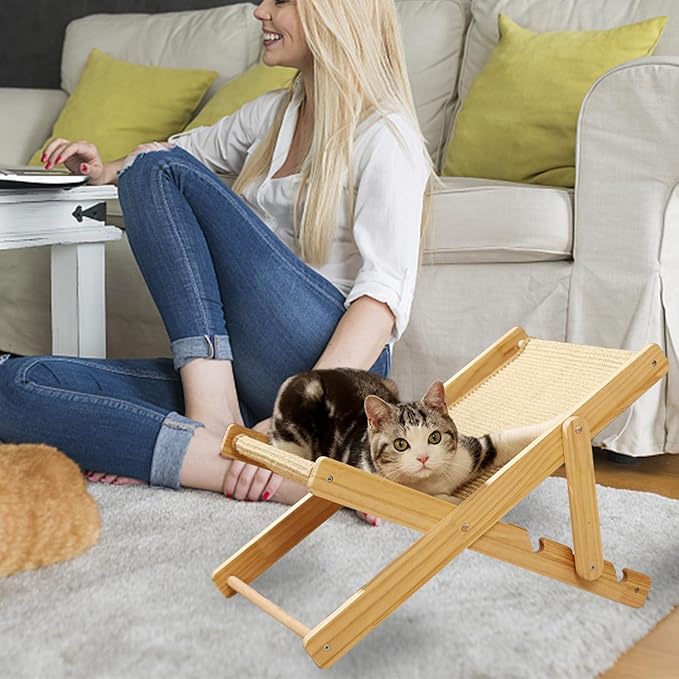 HUATOL Cat Sisal Chair, Adjustable Elevated Cat Chair Bed, Relaxation Cat Bed with Durable and Non-Shedding Sisal Scratcher, Wood Elevated Cat Beds for Outdoor Indoor Cats Lounge Bed.