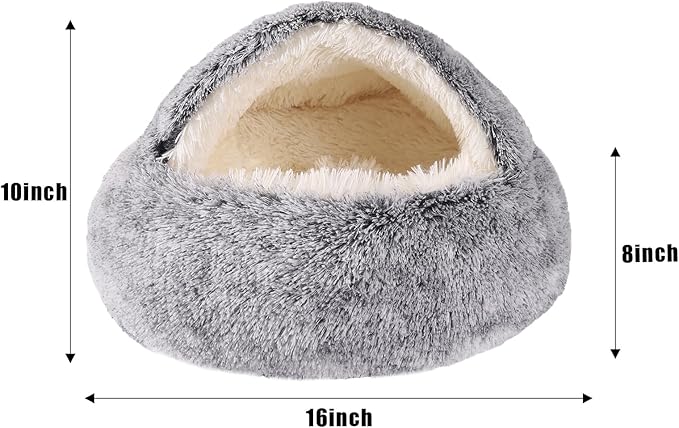 Round Hooded Cat Bed & Dog Bed with Cover Cave, Dog Bed for Small Dogs, Faux Fur Cuddler Round Coved Cat Bed Self Warming Donut Dog Bed Fits up to 5 lbs Pets (Gray, 16inch x 16inch)