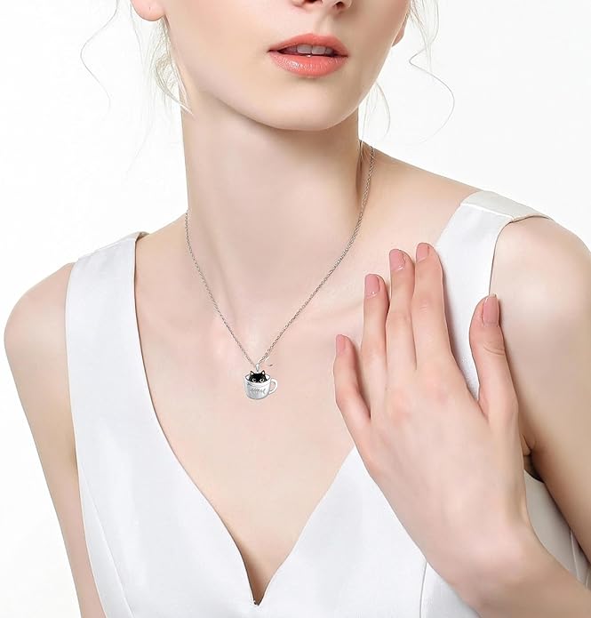 Black Cat and Moon Silver Pendant Necklace for Women - Cat Lover Jewelry Gift for Birthday Party