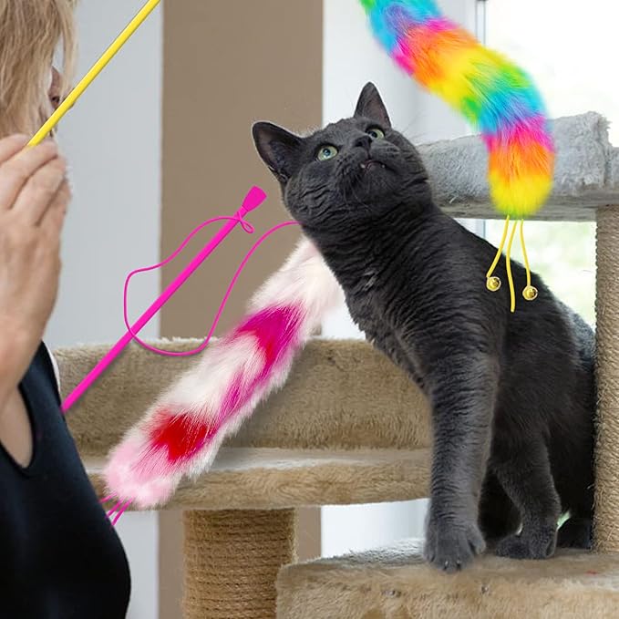 2 Pack Cat Wand Toy, Rainbow Cat Feather Toys with Bells, Cat Teaser Wand with Soft Furry Tail, Interactive Cat Toys for Indoor Cats & Kitten & Kitty