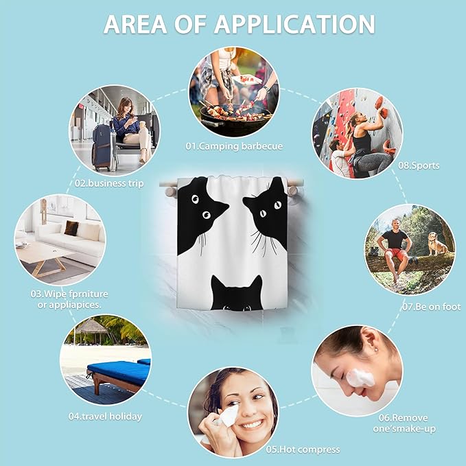 Black Cat Hand Towels - Set of 2, Soft Polyester Cotton Bath Towels - 14"X28"