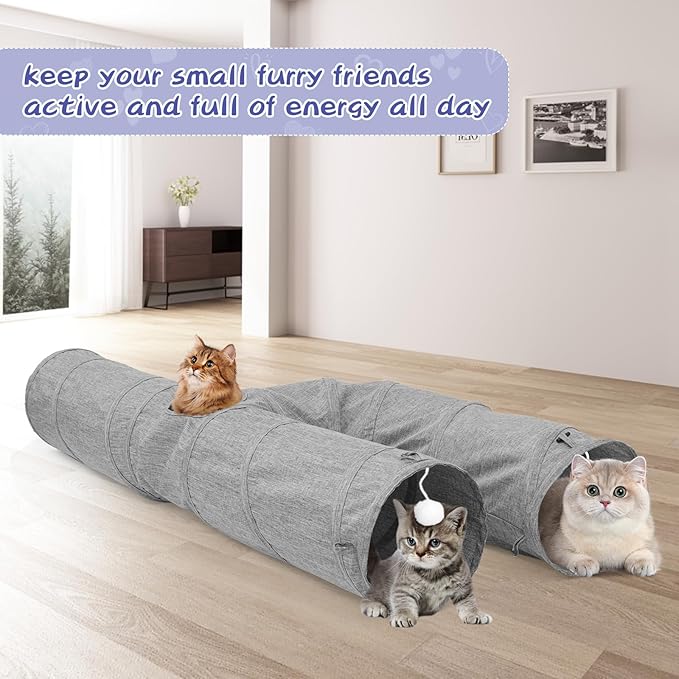 Cat Tunnel, Collapsible h-Shape Cat Tunnel Sturdy Oxford Fabric for Indoor Cats,Interactive Hanging Ball Pet Tunnel Tube with Cat Teaser Stick (Grey)