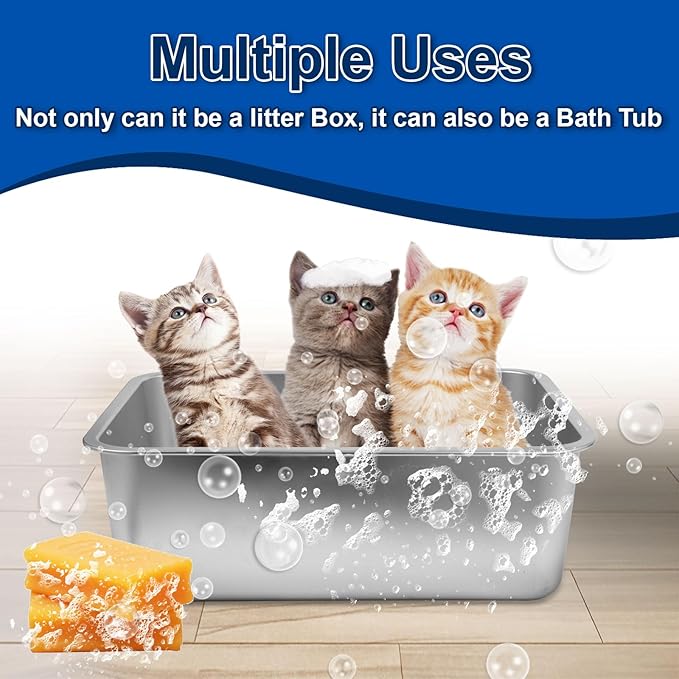 2Pcs Stainless Steel Cat Litter Box, Metal Kitty Litter Box with High Sides, Rust Proof Litter Tray Pan, Pet Toilet for Kitten Rabbit, Non Stick Non Odor, Easy to Clean, 17.5 x 13.5 x 6 in