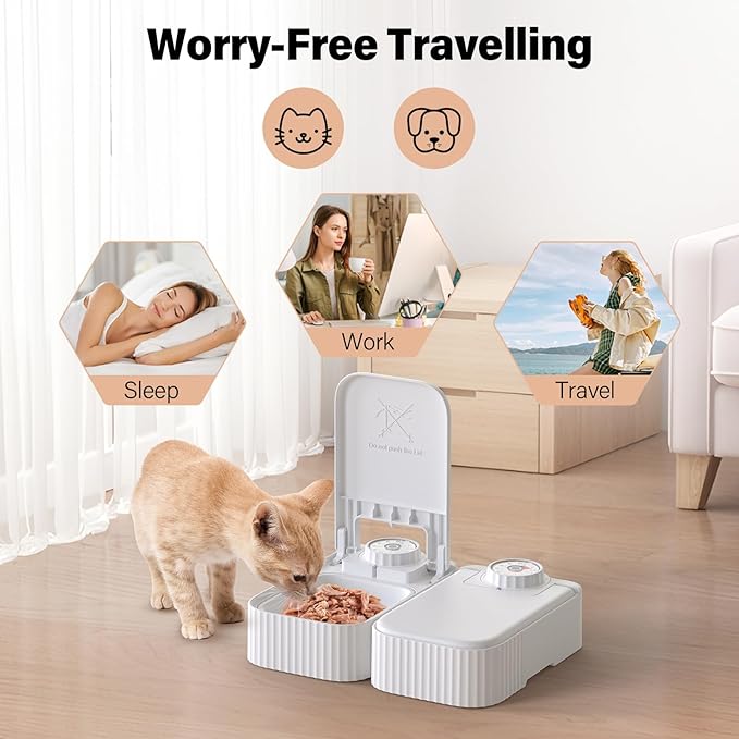 Automatic Timed Cat Feeder - 48 Hour Timer Double Cat Bowl with Dual Ice Pack Refrigerated Dispenser for Puppies and Kittens in Yogurt, Canned and Wet Food (Extra Large-Upgrade Double Bowl)