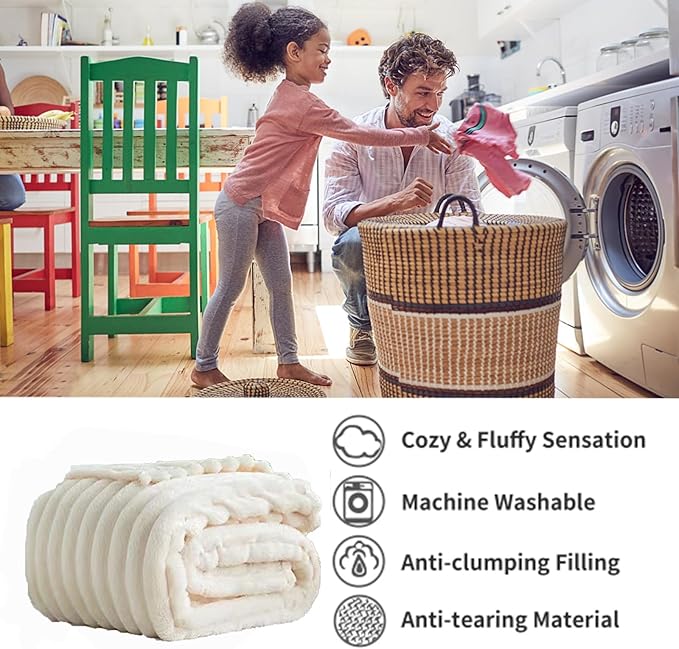 White Fleece Fuzzy Throw Blanket, 3D Fleece Ribbed Jacquard Blanket, Fuzzy Aesthetic Room Decor for Couch Sofa Bed, Gifts for Christmas, Birthdays