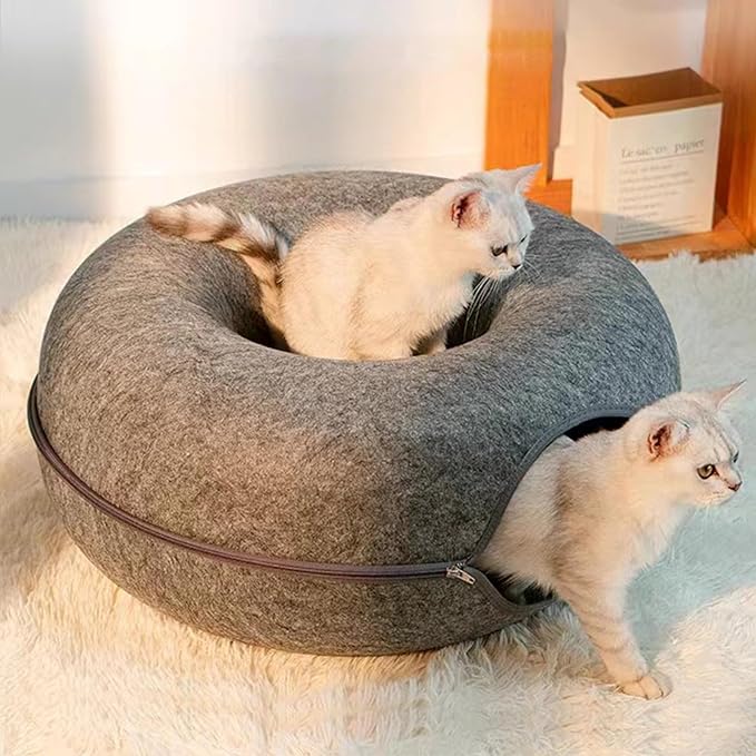 Cat Tunnel,Peekaboo Cat Cave Bed for Indoor Cats,Cat Donut Tunnel for Pet Cat House,Detachable Round Cat Felt & Washable Interior Cat Play Tunnel (20 Inch, Dark Grey)