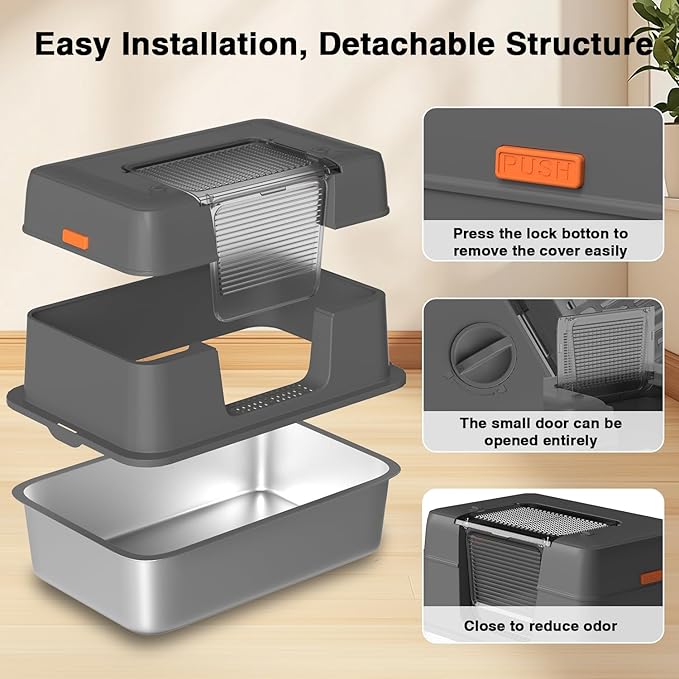 3-in-1 Stainless Steel Cat Litter Box with Removable Lid-Enclosed XL Extra Large High-Sided Metal Box for Small & Big Cats with Scoop-Easy to Clean, Odor Control, Non-Sticky,Anti-Leakage (Dark Grey)