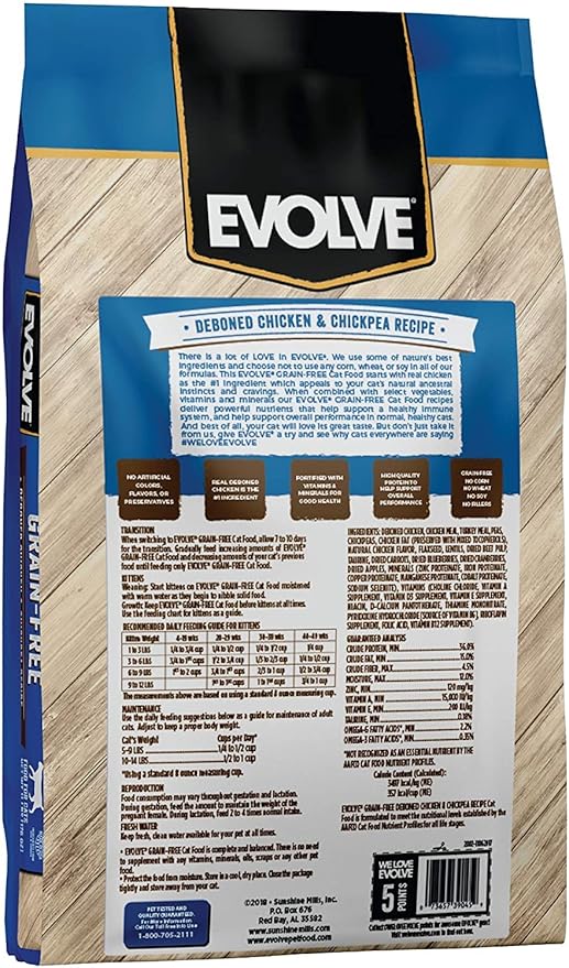 Evolve Pet Food Grain Free Deboned Chicken, Pea and Vegetable Recipe Cat Food Grain Free Deboned Chicken, Pea, and Veggies 3 Pound (Pack of 1)