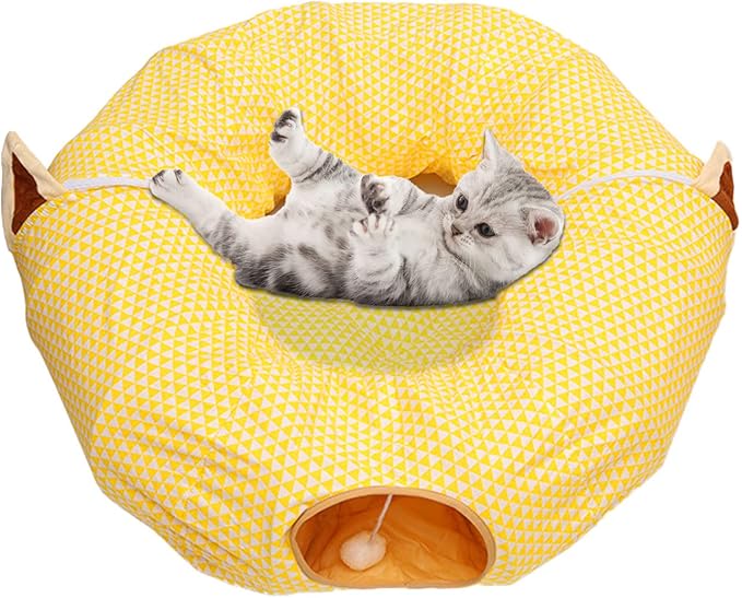 Andiker Cat Tunnels for Indoor Cats with Mat, 2 in 1 Collapsible&Zipper Detachable Soft Cat Bed with A Plush Ball Hideout Cat Interactive Toy Easy to Wash and Clean for All Seasons (Yellow, Round)