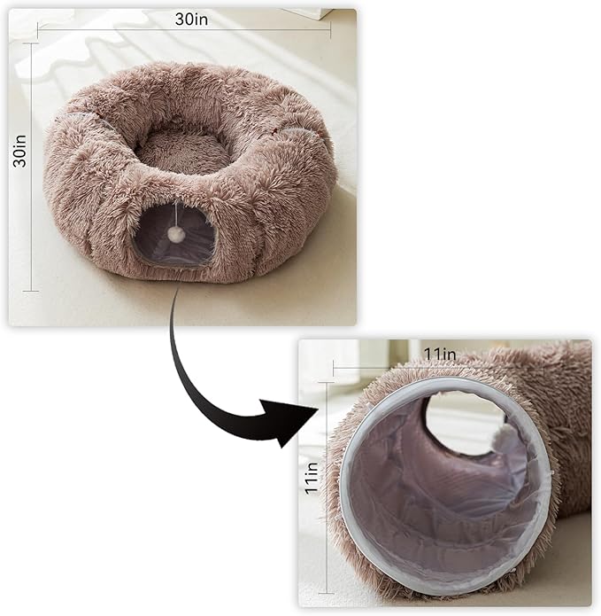 HIPIPET Winter Plush Cat Tunnel with Cat Bed for Indoor Cats,Multifunctional Cat Toys for Small Medium Large Cat.(Light Brown)