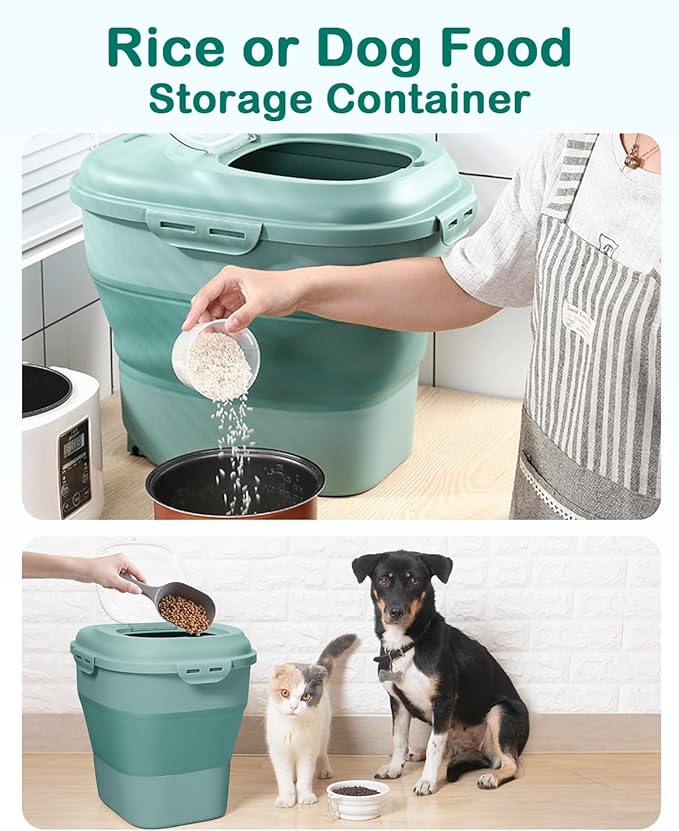 20-50 Lbs Food Storage Containers,Collapsible Rice Container with Wheel Airtight Locking Lid,Flour Storage Container with Small Food Container and Scoop,Suitable for Food,Rice,Pet Food,Flour
