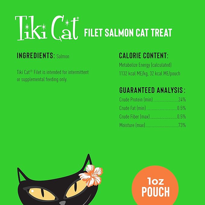 Tiki Cat Filet, All Natural Wild Caught Salmon, Single Ingredient High Moisture Non-GMO Wet Cat Food Topper, for All Life Stages, 1 oz. Pouch (Pack of 12)