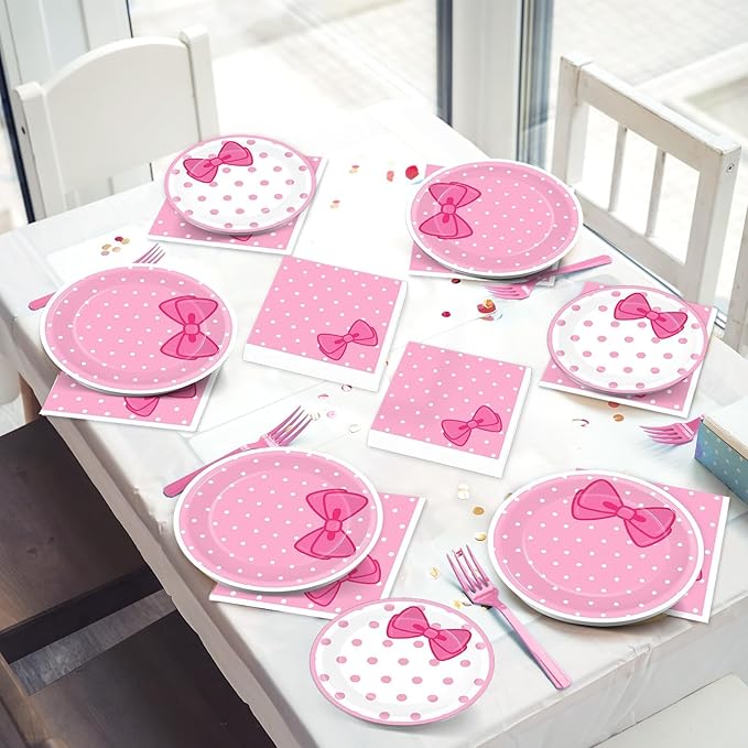 96 Pcs Pink Cat Party Supplies Pink Bow Plates and Napkins Tableware Set Decor Cute Cat Cake Dessert Plates Table Decorations for Birthday Baby Shower Cute Bow Party Favors for 24 Guests