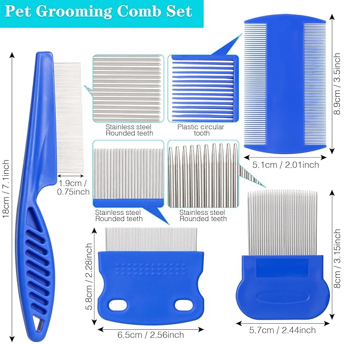 Dog Grooming Forceps Hemostat Locking Tweezer Clamps & Pet Flea Comb for Cats Tick Comb for Dogs (Blue)