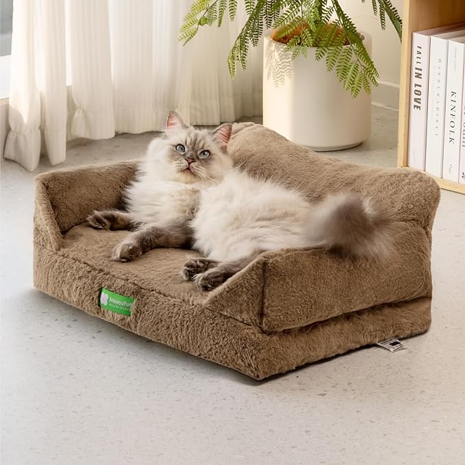 MEWOOFUN Cat Couch Bed for Indoor Cats, Fluffy Cat Sofa for Small Pets with Removable Washable Cover, Cute Cat Bed with Non-Slip Bottom, Cat Beds & Furniture for Small Pets(Brown,S)