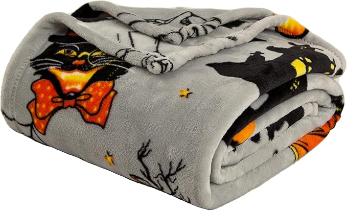 Pumpkin Halloween Throw Blanket 50” x 70” Reversible Castle Cat Bat Print Fleece Throw Blanket, 320 GSM Surper Soft Warm Cozy Blanket for Couch Sofa, Halloween Harvest Gifts and Orange Home Decor