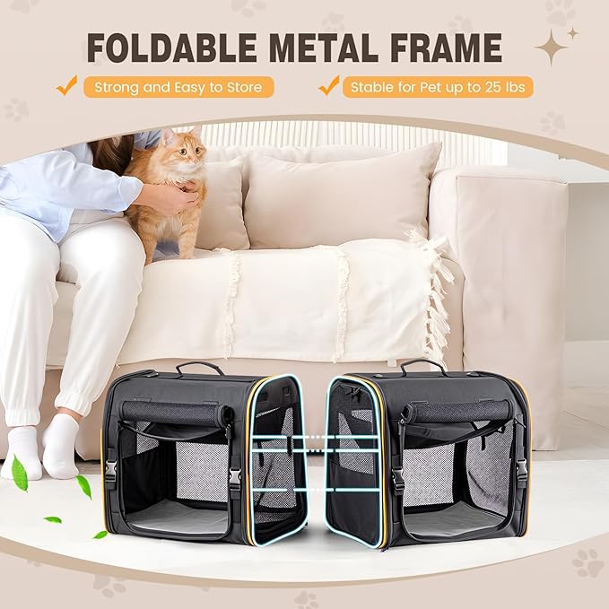 2-in-1 Cat, Dog Carrier for Pets up to 30 Lbs, Double Pet Carrier Car Travel Portable Twin Compartment Pet Kennel Dog Crate Set with Litter Box, Bowl for Outdoor Camping