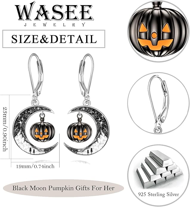 Black Cat/Bat/Spider/Pumpkin/Wolf/Bunny/Sun and Moon/Turtle/Raven 925 Sterling Silver Leverback Dangle Earrings Moon Gothic Christmas Earrings Jewelry Gift for Women