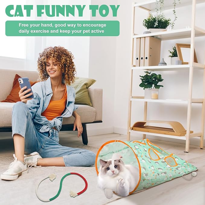 Cat Tunnel Toy and Cats Catnip Rope Toys, Portable Collapsible Cattycoil Drill Bag Toy for Indoor Cats, Cotton Rope Cat Toys for Indoor Cats, Handmade Pet Chew Toys for Teeth Cleaning