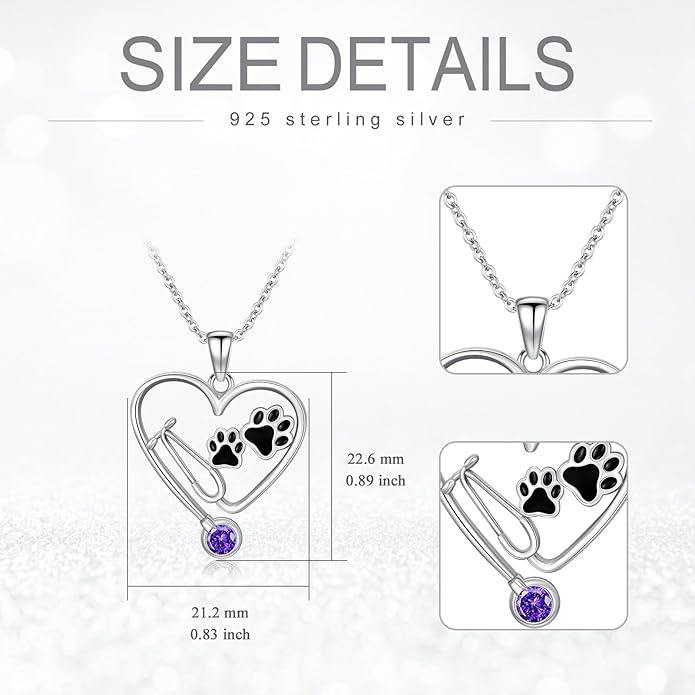 Birthstone Veterinary Stethoscope Necklace 925 Sterling Silver Nurse Vet Pendant with Dog Paw Nurse Jewelry Gifts for Veterinarian Nurse Women Veterinarian Gifts