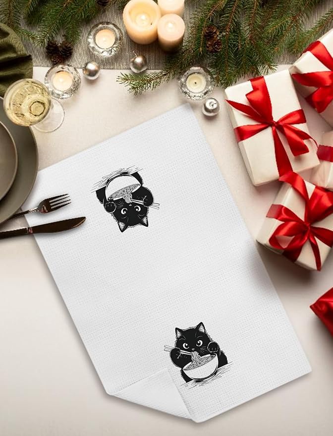 Black Cat Kitchen Towels, Funny Noodle Cat Dish Towels for Kitchen, Cat Hand Towels, Cat Towels for Cat Lovers, Black Cat Gifts, Cat Lover Gifts, Cat Mom Gifts, Cat Lady Gifts, 16x24 Inch