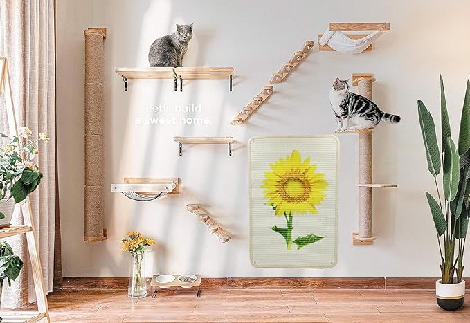 Cat Scratcher Mat, 23.6 X 15.7 Inch Natural Sisal Cat Scratch Mats Sunflower Pattern Cat Scratching Rug Wall Scratchers for Indoor Cats with Adhesive Hook Protect Carpets and Sofas(2Packs)