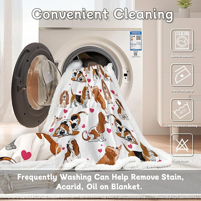 BlessLiving Basset Hound Fleece Blanket - Red Hearts, Warm & Thick, Cute Puppy Sherpa Throw for Kids & Adults, 3D Animal Print Plush, Gift for Pet Lovers (50 x 60 Inch)
