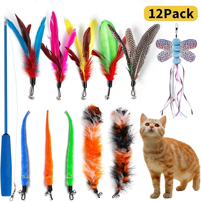 Cat Toys for Indoor Cats, 1PCS Retractable Cat Fishing Rod Toy and 11PCS Cat Feather Toys Teaser Refills, Interactive Cat Toy Wand Kitten Toys to Play Chase Exercise