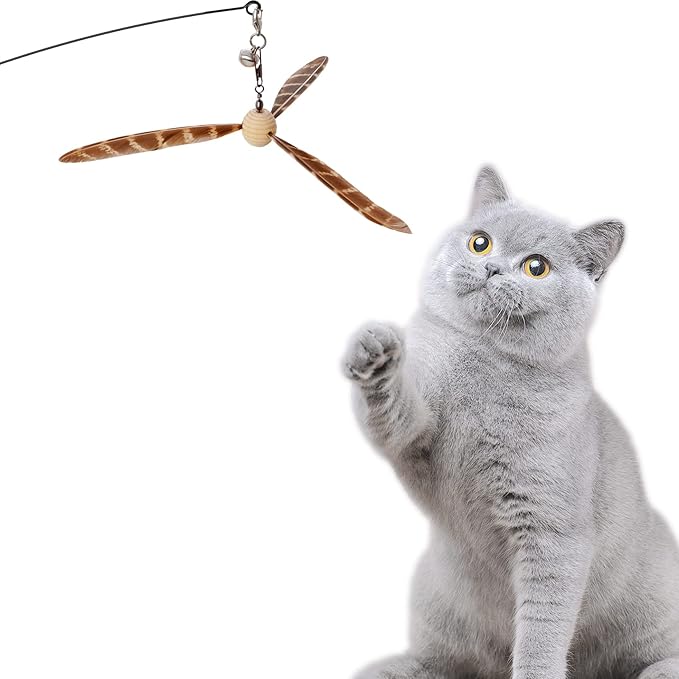 Lystaii Cat Wand Toys, Interactive Cat Feather Toys with 3 Feather Refills with Bell Steel Wire Cat Toy for Indoor Cats Wood Handle Cat Teaser String Toy Feather Propeller for Kitten (Piebald)