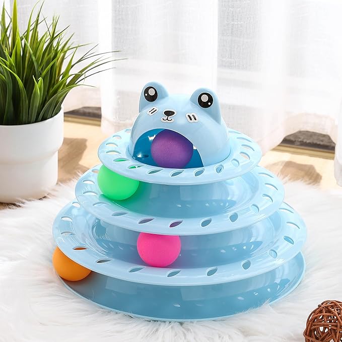 Suhaco Interactive Cat Toys for Indoor Cats Pack of 17 Fun Roller 4 Level Cat Tower with Cute Stickers Turntable Kittens Ball Teaser Toy (Blue 17 Pcs)