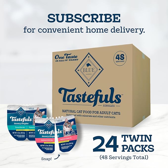 Blue Buffalo Tastefuls Savory Singles Natural Wet Cat Food Variety Pack, Salmon & Tuna Cuts in Gravy, 2.6-oz. Twin-Pack Trays (24 Count, 12 of Each)