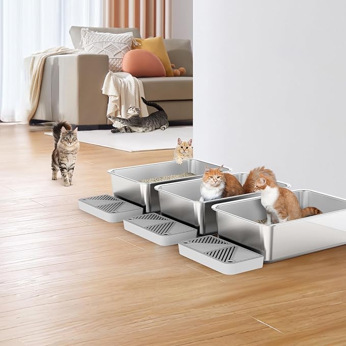 3 Pack 19.6"x13.7"x6" Stainless Steel Litter Box with 26L Litter Capacity, High Sides Large Cat Litter Box for Multi-Cats, Metal Litter Box with Footboard, Non Stick Litter Pan Litter Tray