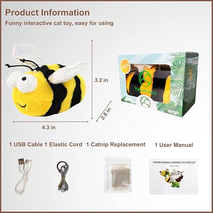 Interactive Flapping Bird Cat Toys, Rechargeable, Touch Activated, Catnip, Chirping Bird Toys for Indoor Cats and Kittens (Bee)